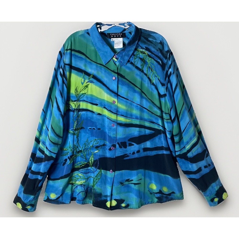 Christina Hope Art To‎ Wear 100% Silk Teal Embroidered Beaded Button Down Blouse